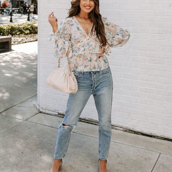 MALAIA FLORAL CROCHET PEPLUM TOP - IVORY MULTI - Picture 7 of 9